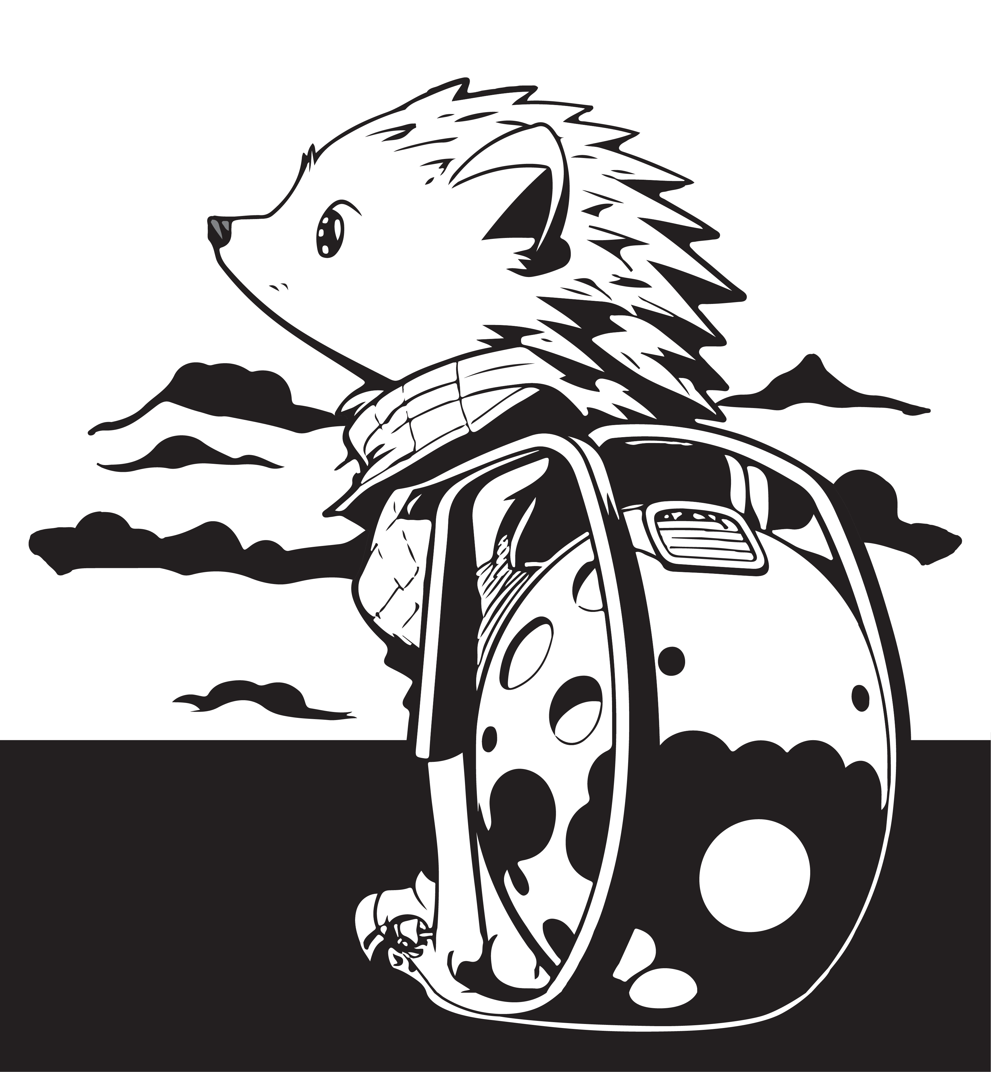 A monochrome illustration of a futuristic hedgehog character turned to the side, gazing into the distance.  Adorned in a windbreaker, carrying a robotic golf bag, set against a stylized horizon and clouds. Both the hedgehog and the robotic golf bag are depicted in a black and white illustration, with bold outlines and shading that give depth and definition to the design.