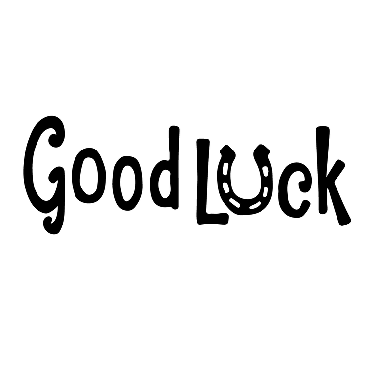 A picture of the words "Good Luck" in a black, playful font. The letter "u" in the word "Luck" is replaced with a horseshoe.
