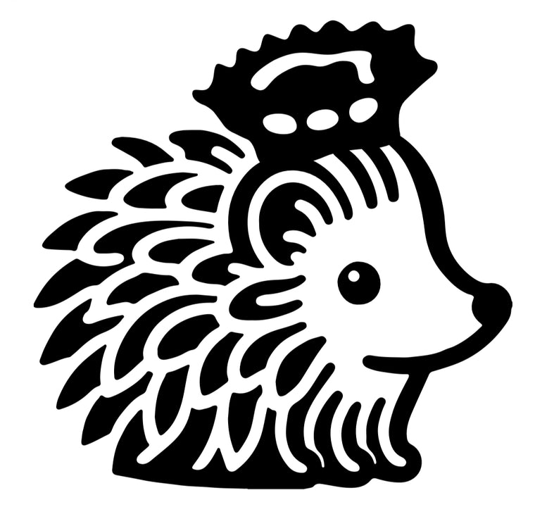 Image of a stylized hedgehog wearing  a small crown. It’s a simple and cute design with the hedgehog depicted in an anime way, emphasizing its spiky fur and friendly face, using bold outlines and minimal colour