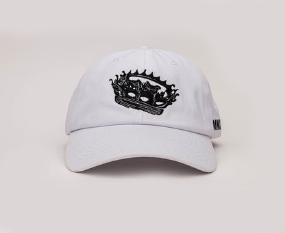A white coloured, one-size-fits-all 6-panel, unsctructured cap, made of 100% cotton, with a heavy enzyme wash finish. Featuring the Rubberband Sovereign detailed "crowned" logo embroidered in black on the front. 